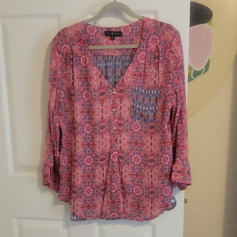 Fred David SzXL Coral vneck Floral long sleeve Blouse